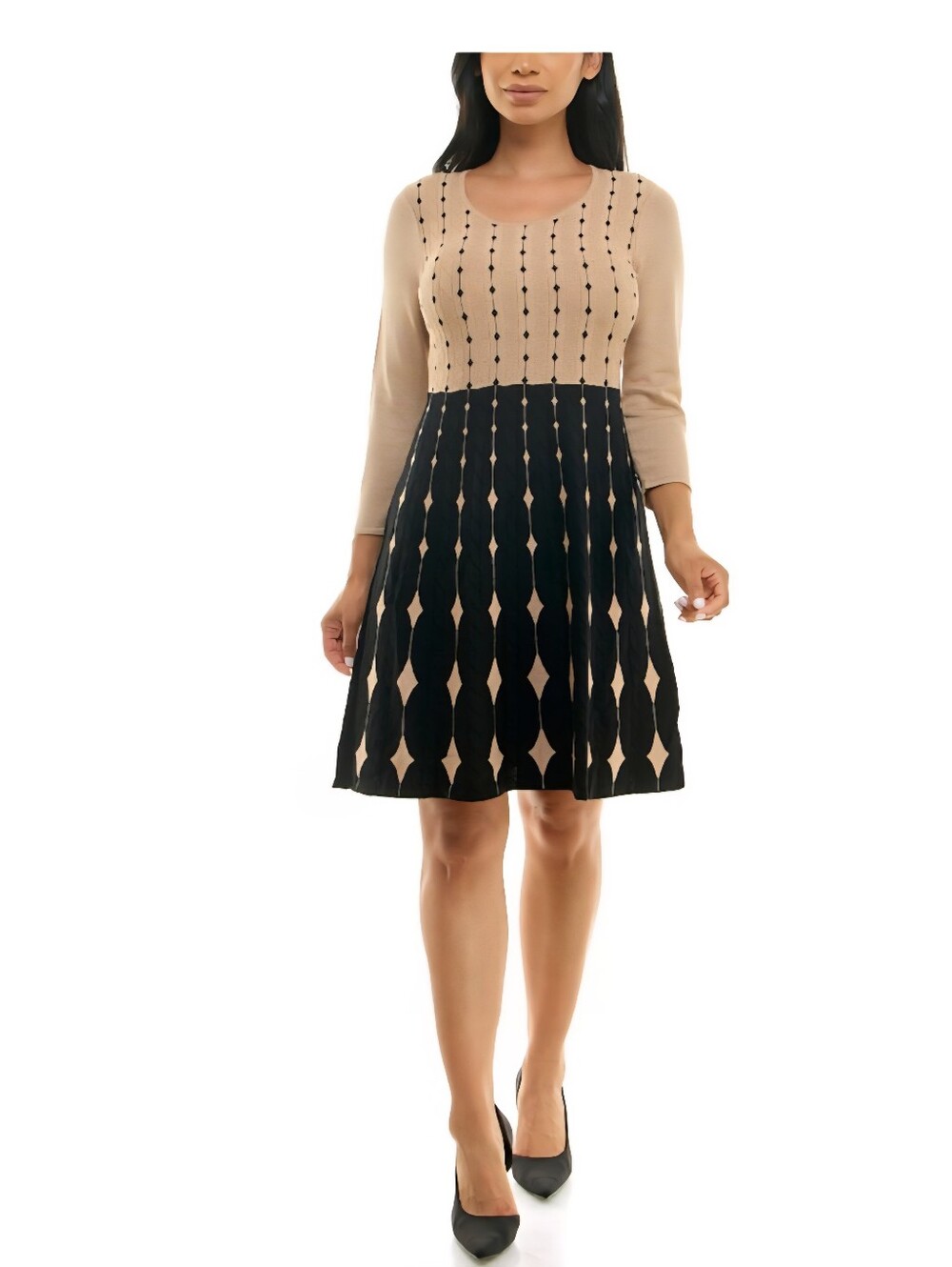 Nina Leonard Black and Beige Striped Geometric Knit Top